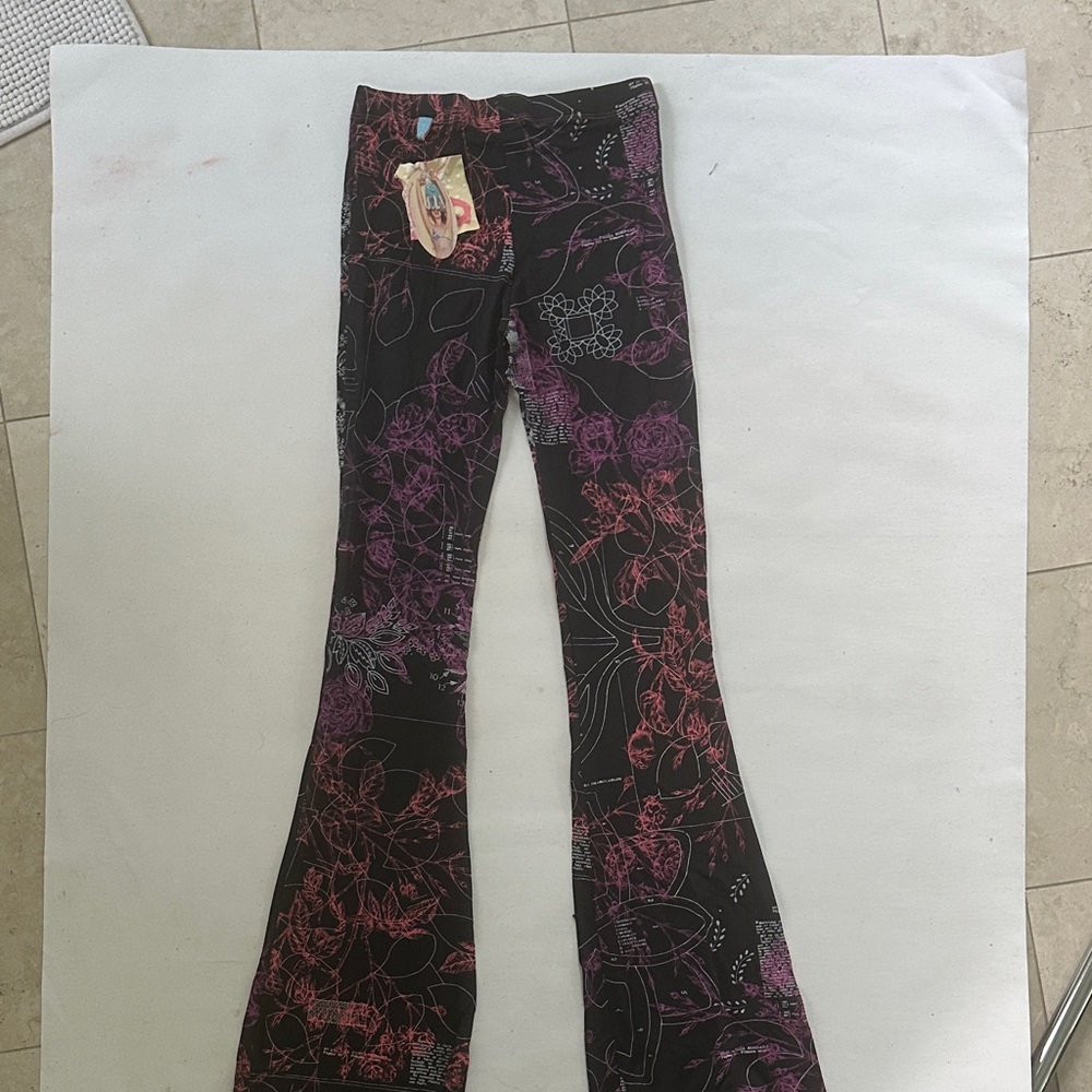 Floral Patterned Black and Purple Pants